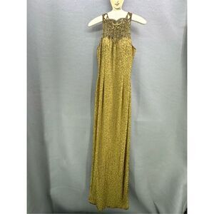 Vintage Y2K 90s Scala Gold Beaded Silk Slip Maxi Dress Gown Size S